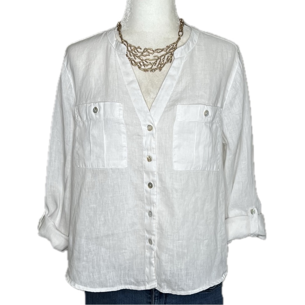 Isaac Mizrahi 100% Linen Blouse V Neck Button Up White Medium M - Picture 4 of 11